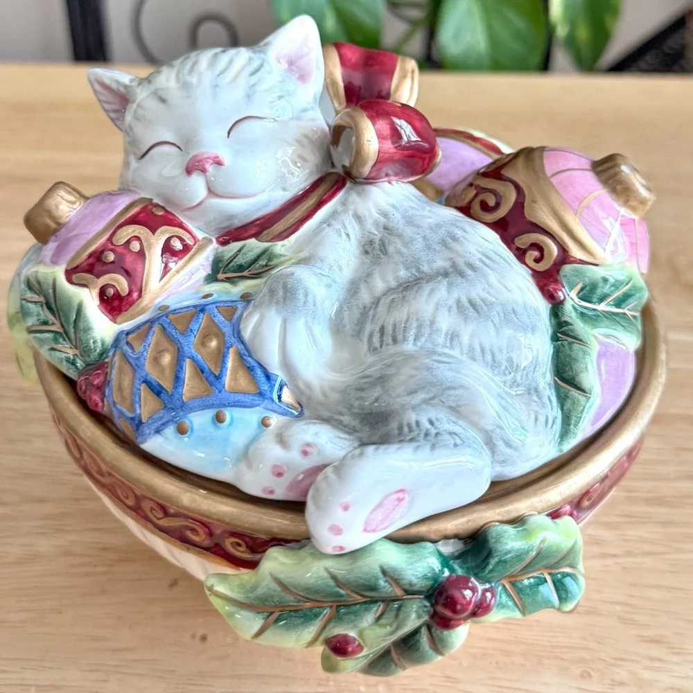 Fitz and Floyd Kristmas Kitty Lidded Box Candy Dish Trinket Jar Holiday Decor